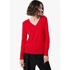 Camaieu Valentine's Cherry Red Vneck Cashmere Sweater Sm Classic Chic Minimal